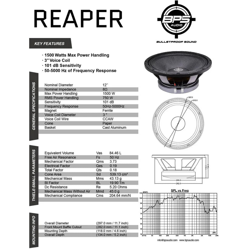 12" Midrange Speaker - Reaper Features- BPS AUDIO