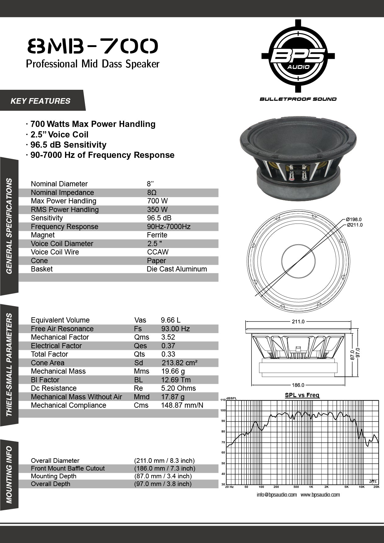 8" Mid Bass Speaker 8MB700 - BPS AUDIO