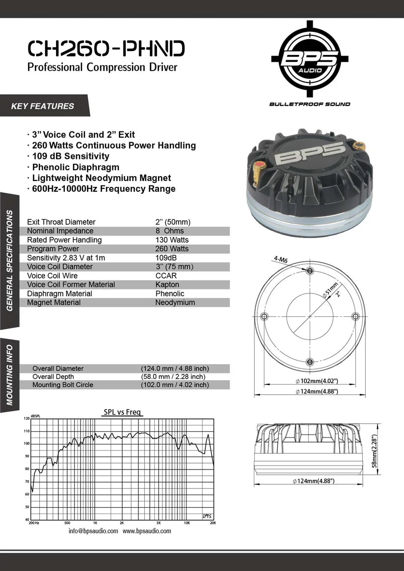 2" Phenolic Neodymium Compression Driver CH260-PHND - BPS AUDIO