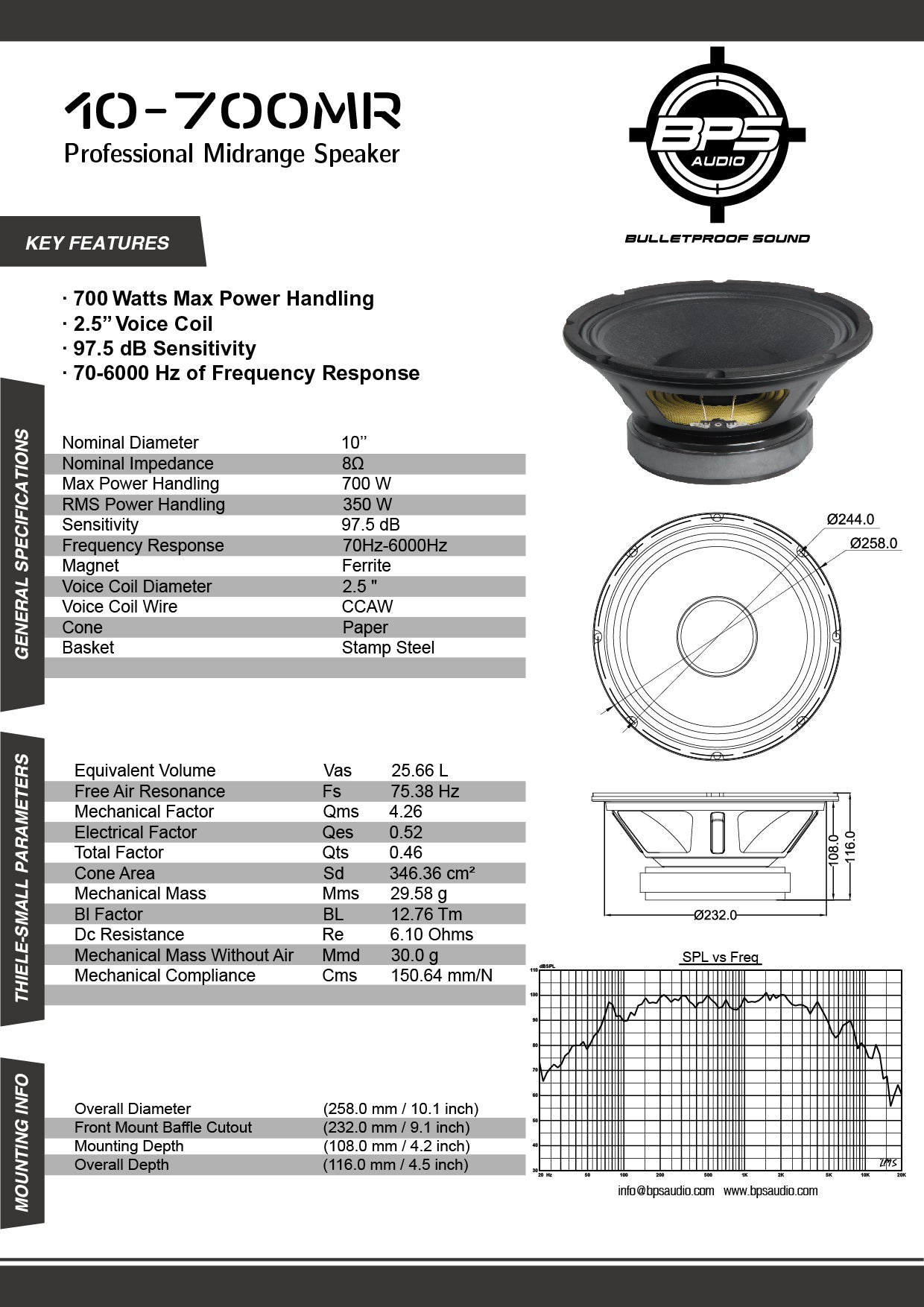 10" Midrange Speaker 10-700MR Features- BPS AUDIO