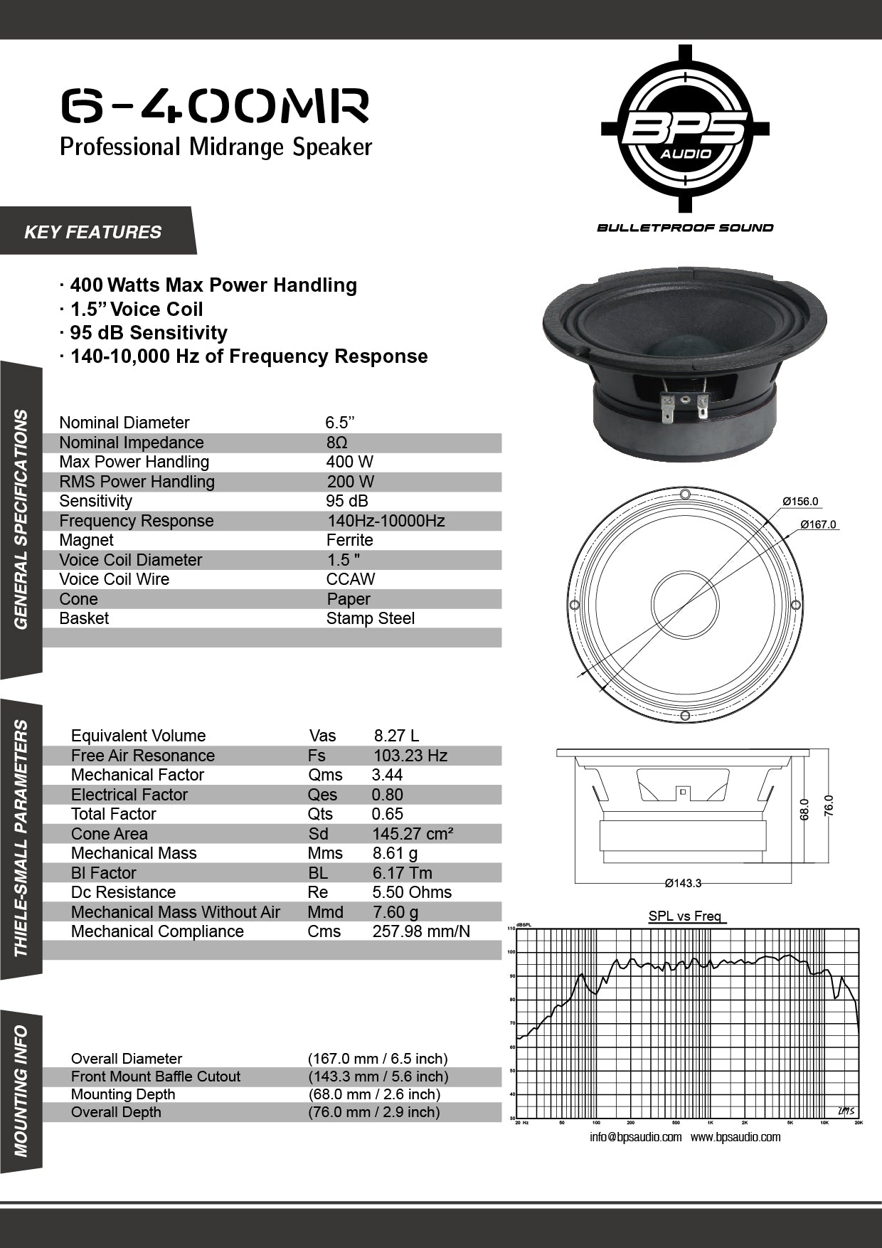 6" Midrange Speaker -6-400MR Features - BPS AUDIO