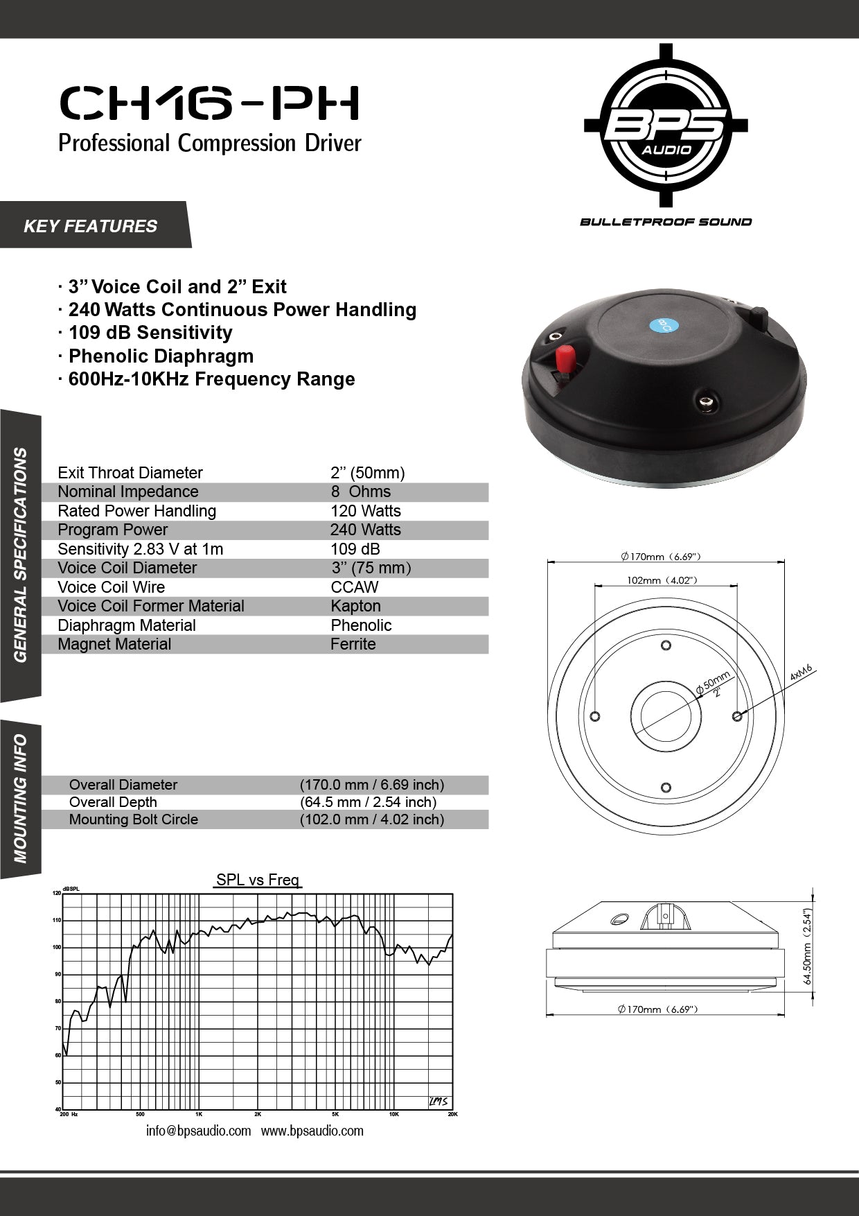 2" Phenolic Compression Driver CH16-PH Features - BPS AUDIO