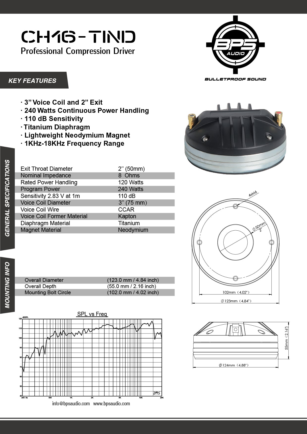 2" Neodymium Titanium Compression Driver CH16-TIND Features BPS AUDIO