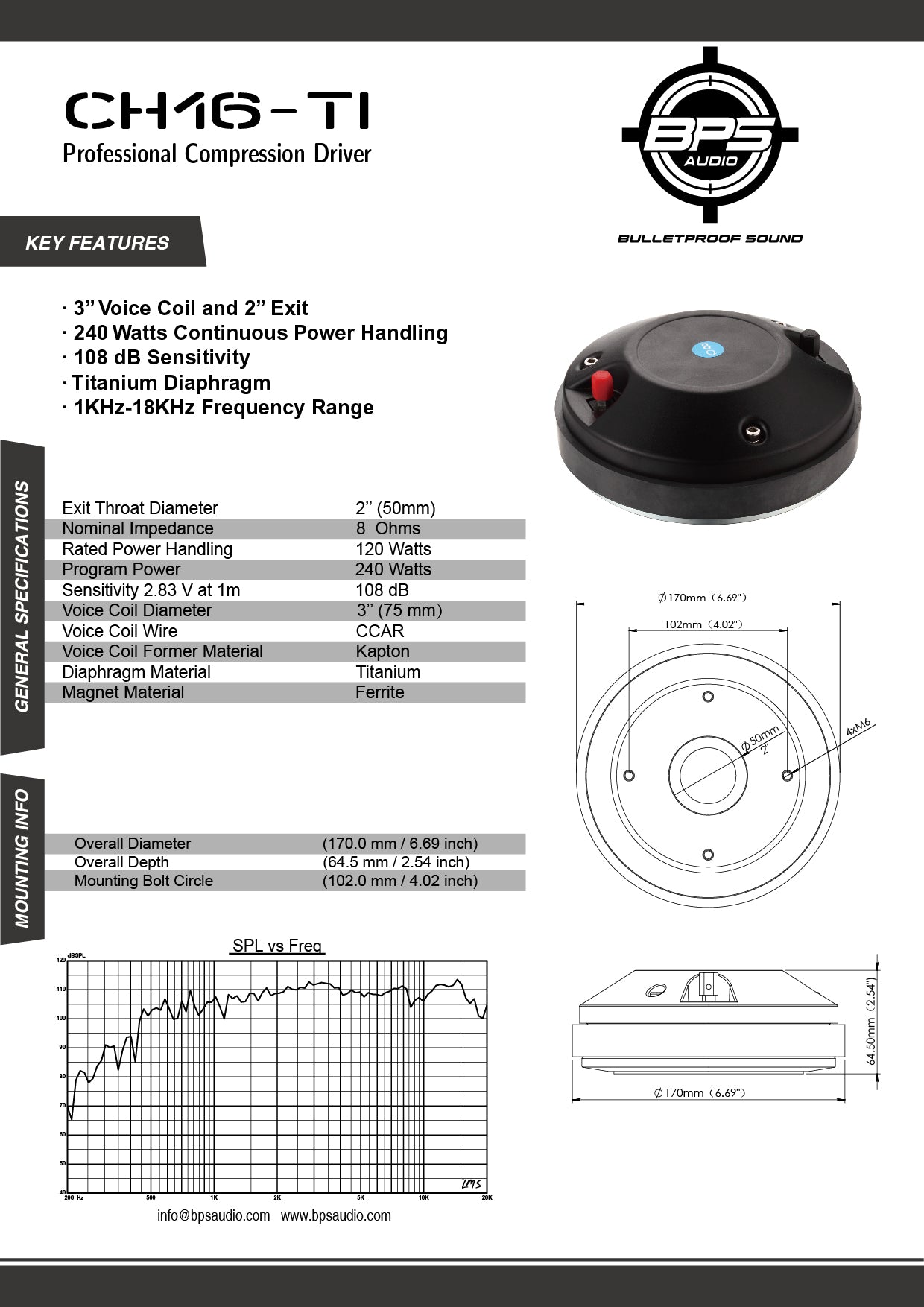 2" Titanium Compression Driver CH16-TI Features- BPS AUDIO