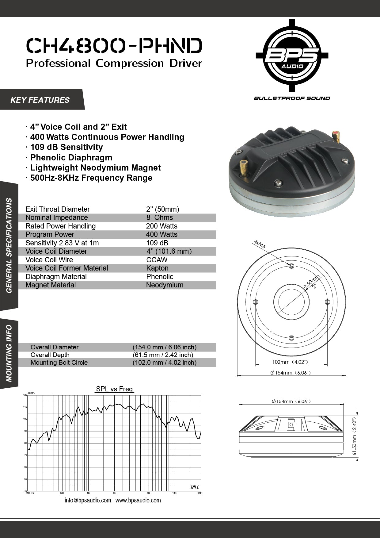 2" Phenolic Neodymium Compression Driver CH4800-PHND Features
