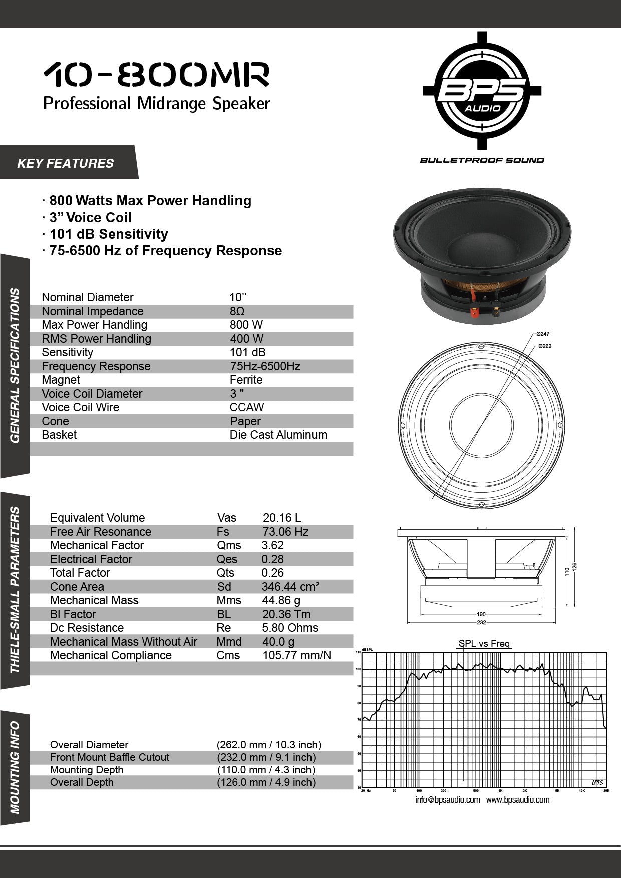 10" Midrange Speaker 10-800MR Features - BPS AUDIO