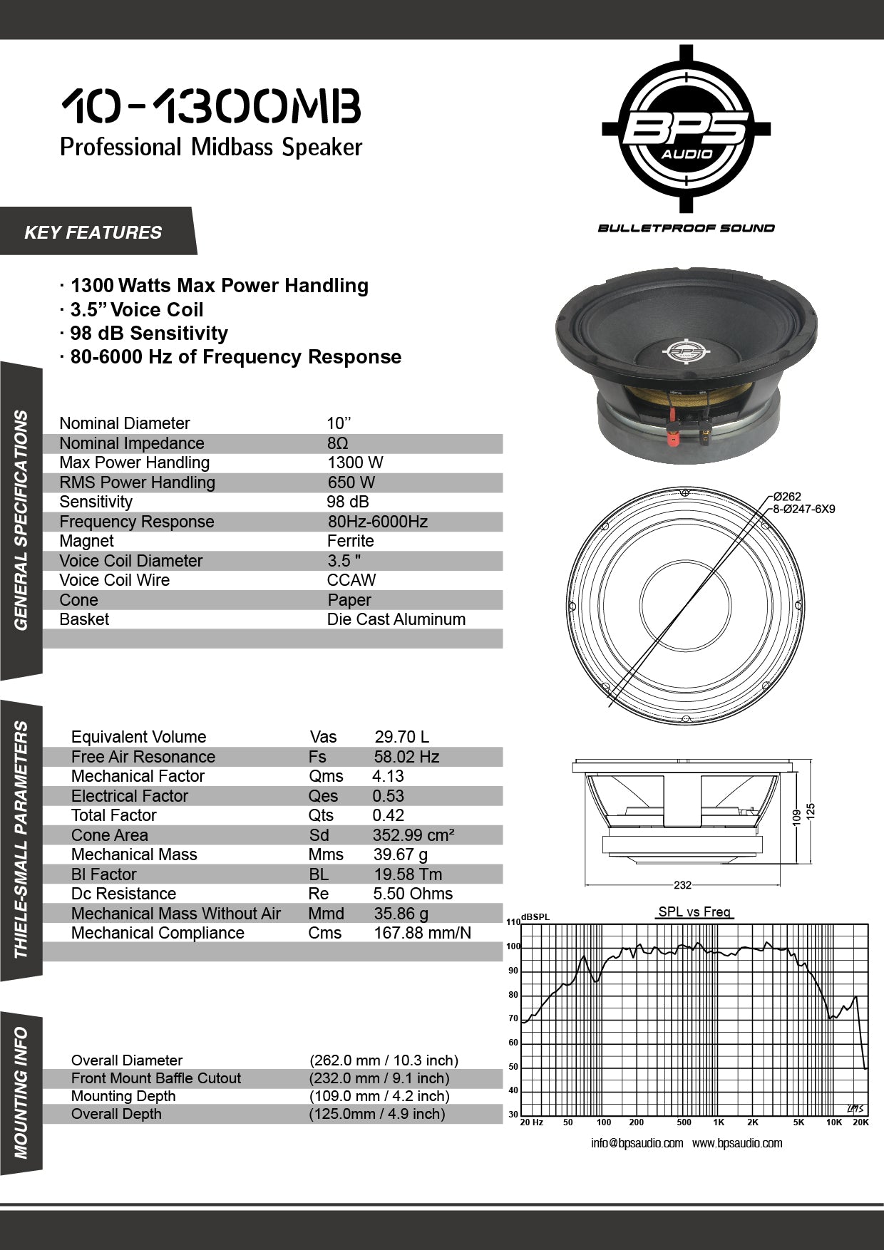 10" Midbass Speaker 10-1300MB Features- BPS AUDIO
