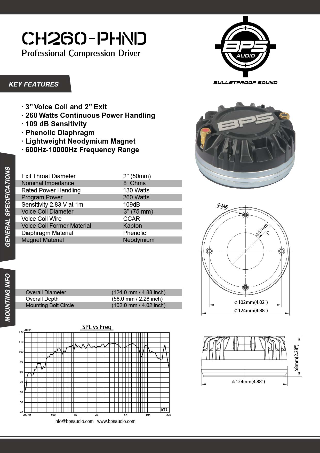 2" Phenolic Neodymium Compression Driver CH260-PHND Features