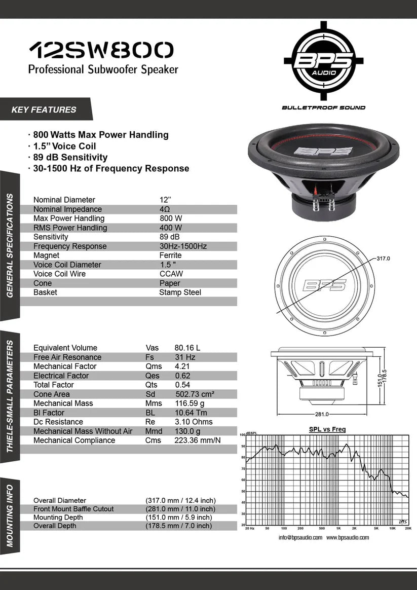 12" Subwoofer 12SW800 Features- BPS AUDIO