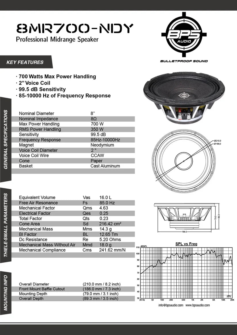 8" Midrange Speaker 8MR700-NDY Features- BPS AUDIO