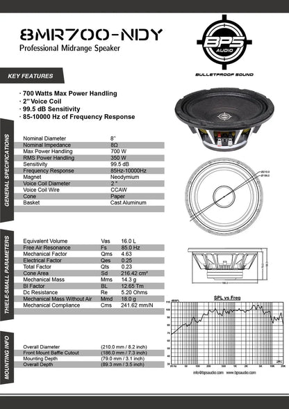 8" Midrange Speaker 8MR700-NDY Features- BPS AUDIO