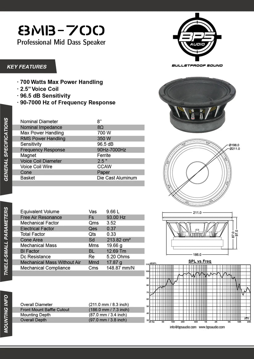 8" Mid Bass Speaker 8MB700 - BPS AUDIO