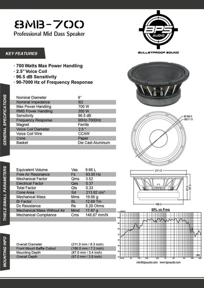 8" Mid Bass Speaker 8MB700 - BPS AUDIO